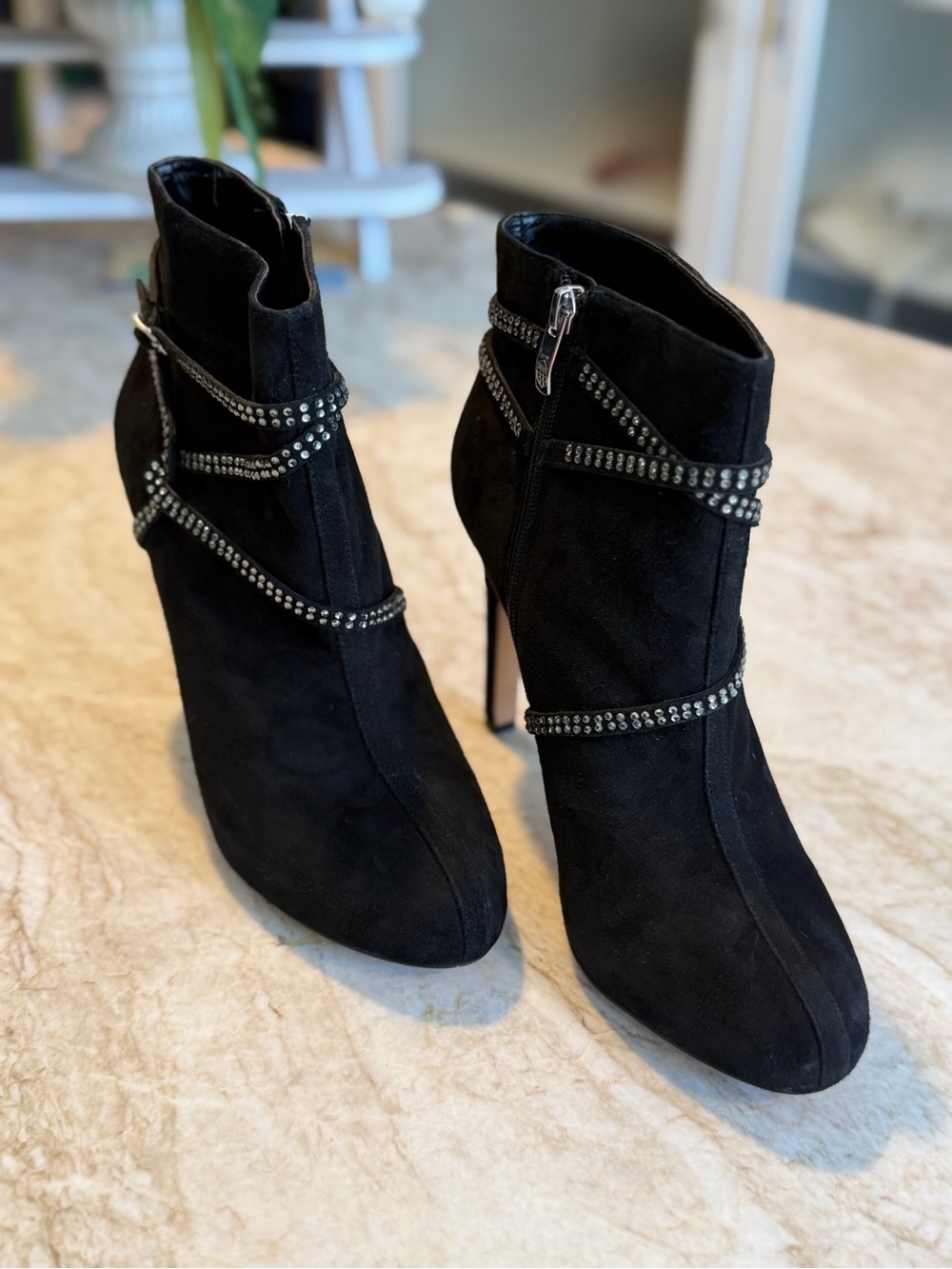Vince Camuto Black Suede Rhinestone Strap Stiletto Booties